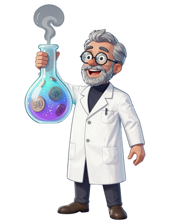 Professor Sebastian Maskottchen mit leuchtender 500 Euro Bonus Kolbe im CasinoLab Labor