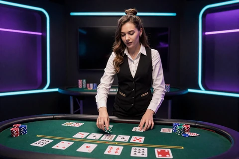 Live Blackjack Tisch mit Dealer und Karten