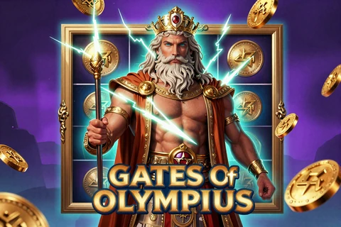 Gates of Olympus 1000 Slot von Pragmatic Play mit Zeus und neonblauen Blitzen
