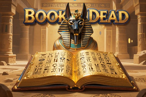 Book of Dead online slot Cover mit goldenem Buch und Hieroglyphen