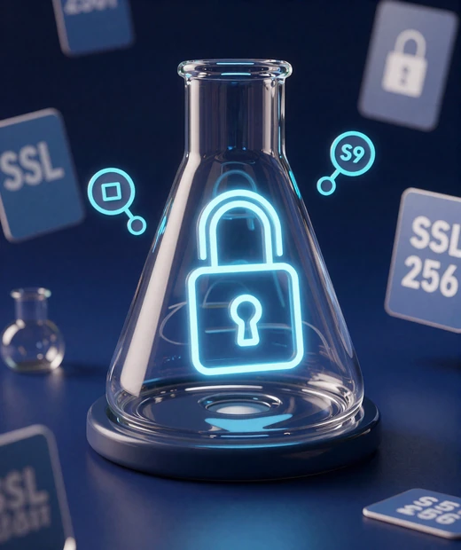 SSL Vorh&auml;ngeschloss in Laborkolbe mit Molek&uuml;lketten als Symbol f&uuml;r CasinoLab Sicherheit und Datenschutz