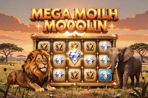 Mega Moolah Jackpot Slot Cover mit afrikanischer Savanne