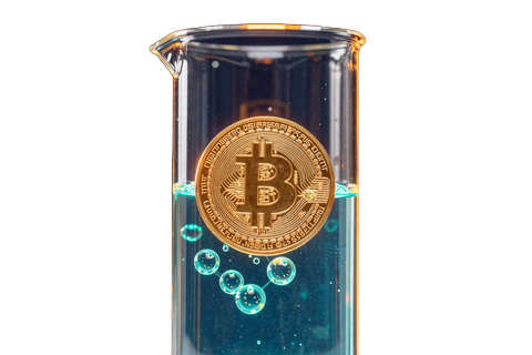 Bitcoin BTC M&uuml;nze in leuchtender Laborkolbe f&uuml;r CasinoLab Krypto-Einzahlung