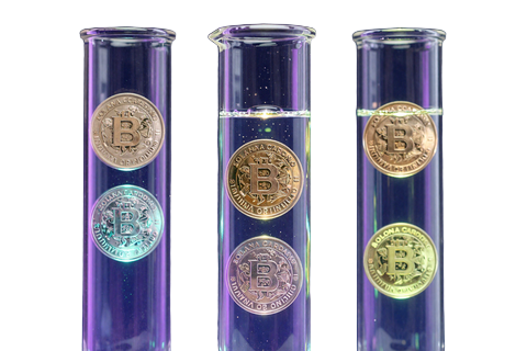 Solana SOL Cardano ADA und BNB M&uuml;nzen in drei Reagenzgl&auml;sern f&uuml;r CasinoLab Krypto