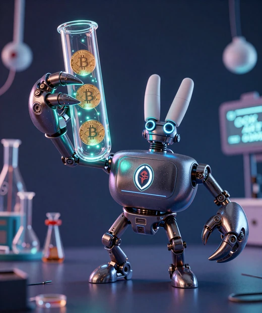 Bonus Crab Roboter-Maskottchen mit Krypto-Reagenzglas voller Bitcoin und Ethereum M&uuml;nzen im CasinoLab