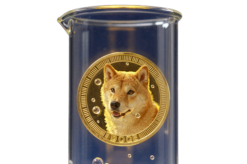 Dogecoin DOGE Shiba M&uuml;nze in Reagenzglas mit gelbem Glow f&uuml;r CasinoLab